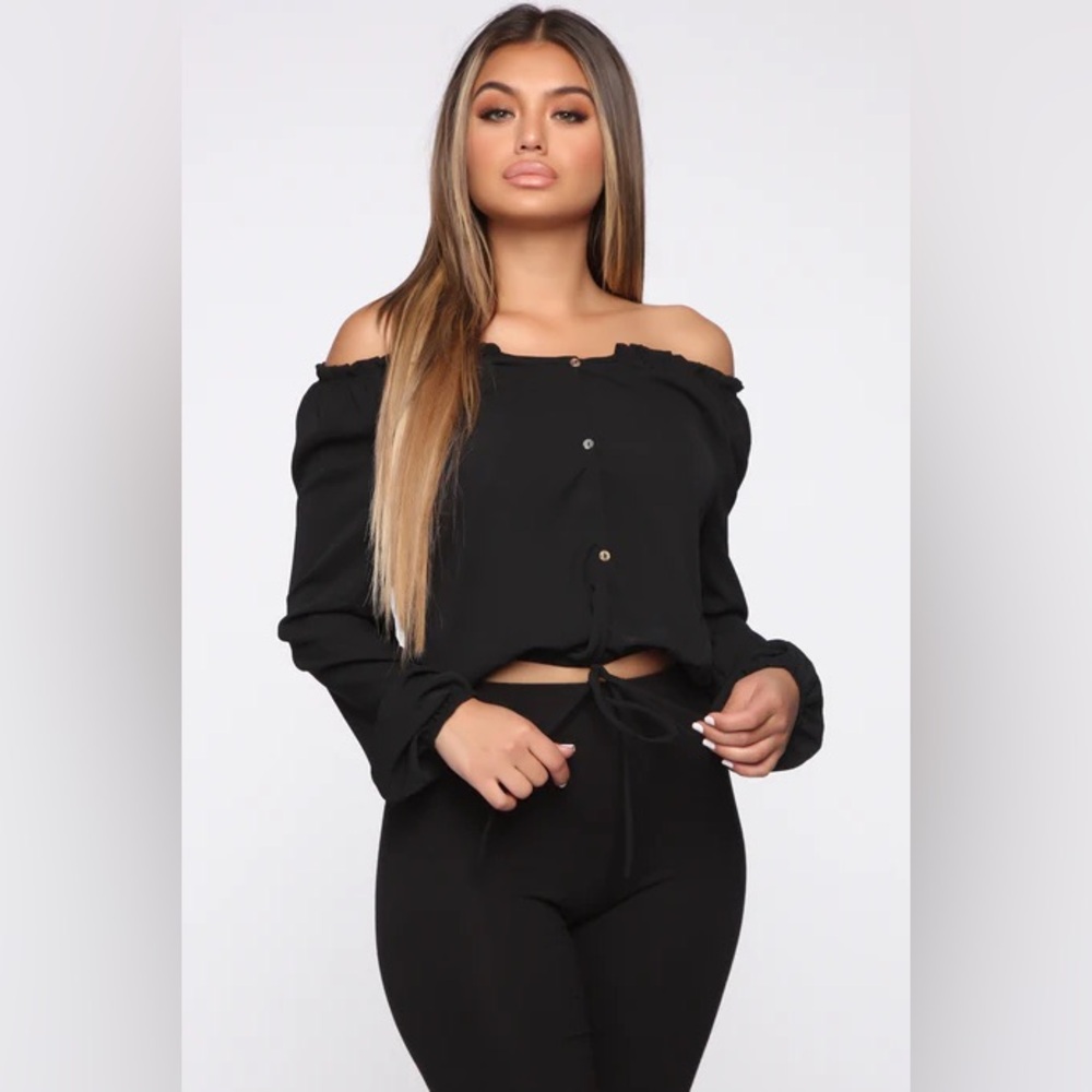 Fashion Nova Black Chiffon Off The Shoulder Faux Buttons Long Sleeve Crop Top
